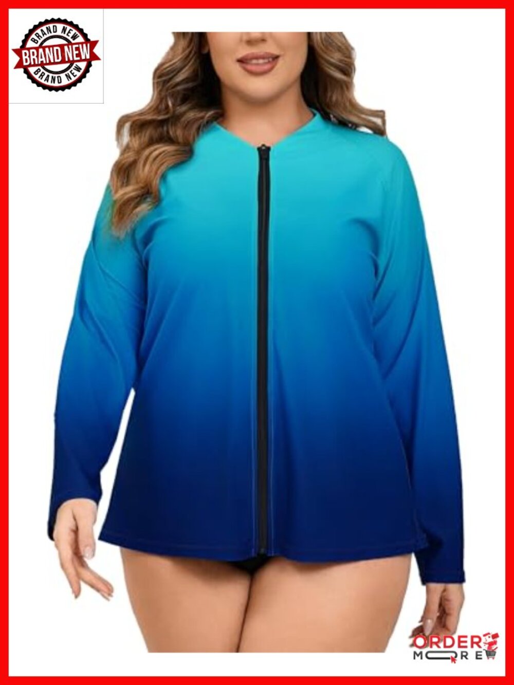 Plus Size Long Sleeve Full Zip Rash Guard Swimsuit Top UPF50+ Loose Fit